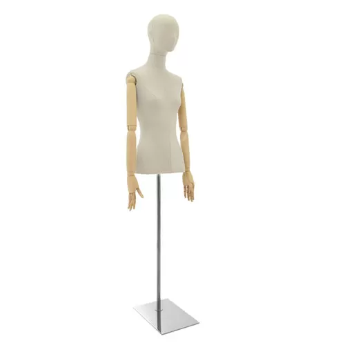 Busto donna in lino con testa stilizzata, braccia legno e base cromata