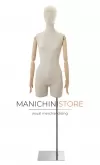 Busto donna in lino con testa stilizzata, mezza gamba, braccia legno e base cromata