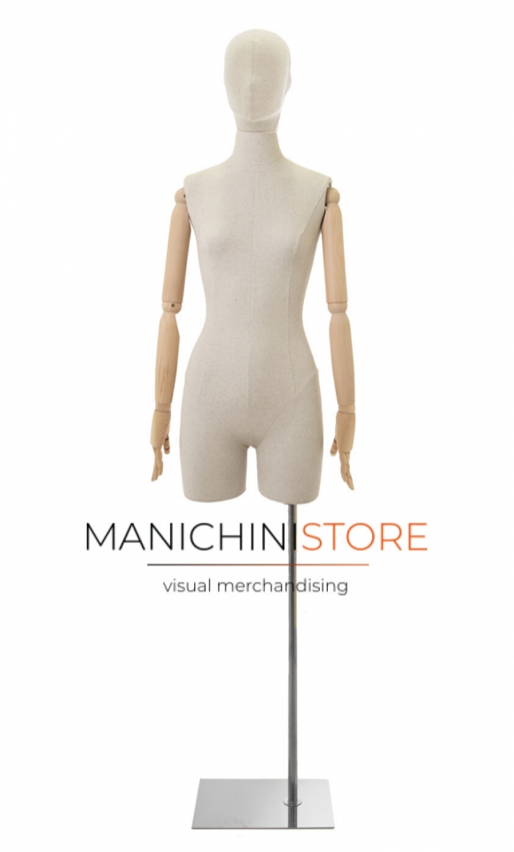 Linen female bust with stylized head, half leg, wooden arms and chrome base