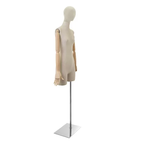 Busto donna in lino con testa stilizzata, mezza gamba, braccia legno e base cromata