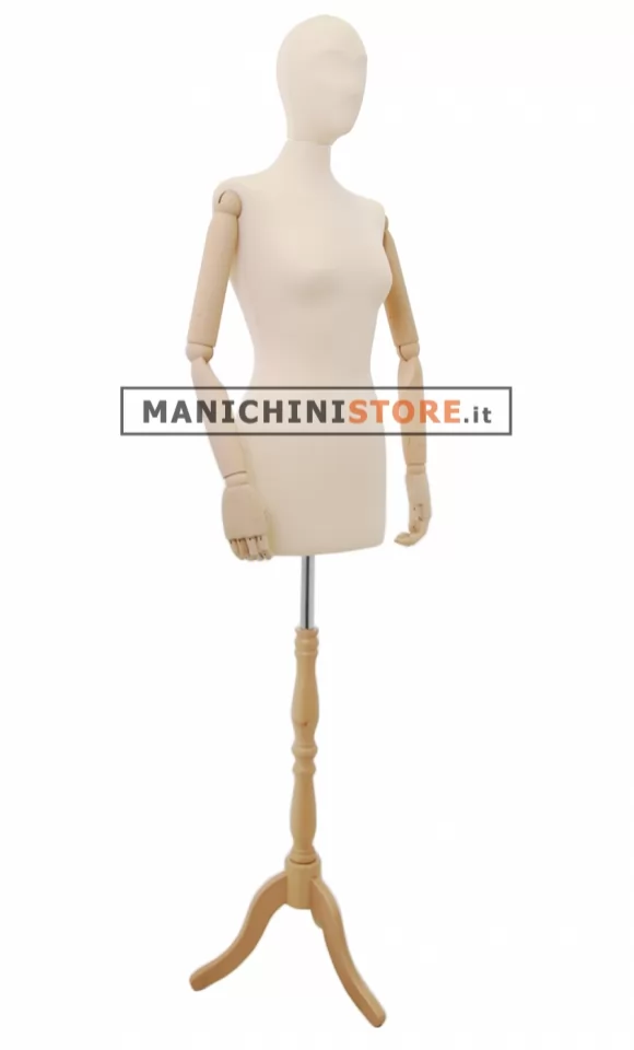 Busto donna in tessuto avorio con braccia legno con testa