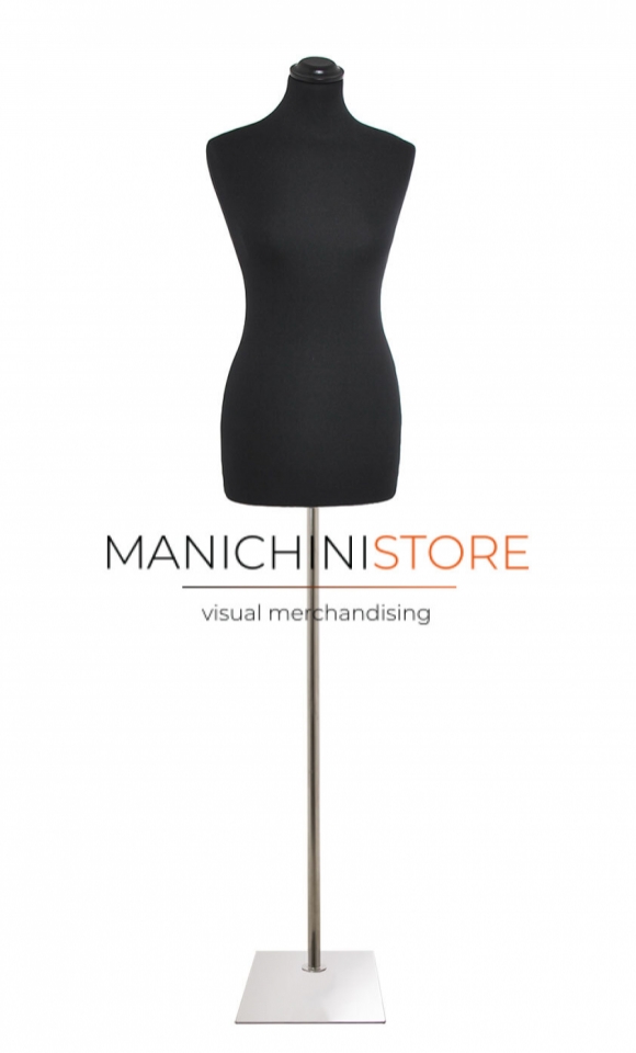 Female bust in black fabric with rectangular chrome base