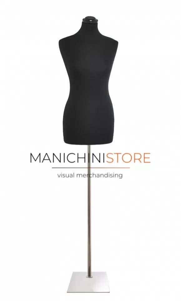 Busto donna in tessuto nero con base rettangolare cromata