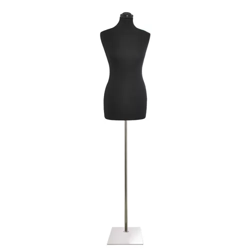 Busto donna in tessuto nero con base rettangolare cromata