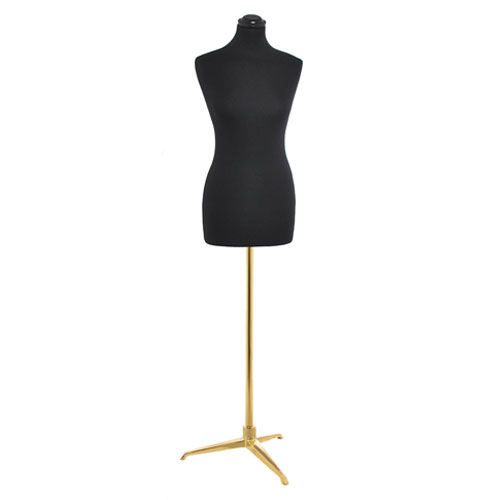 Female bust in black fabric with golden tripod base
