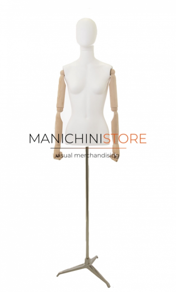 Female bust with wooden arms and satin steel tripod base