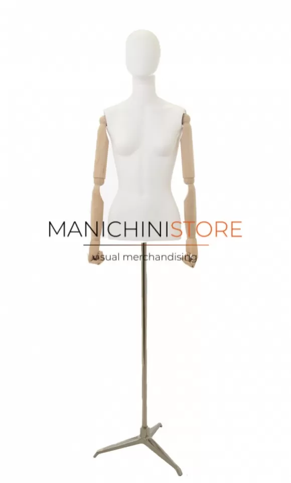 Busto donna con braccia legno e base treppiede - acciaio satinato