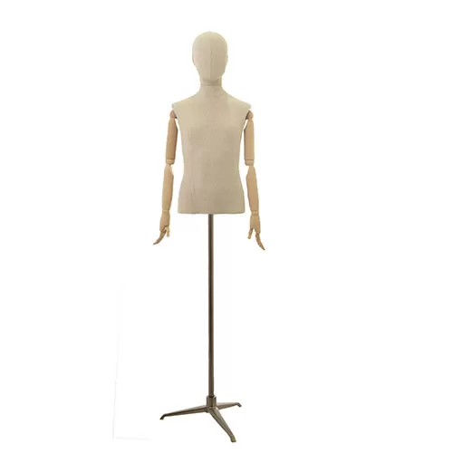 Busto bambino 10-12 anni in lino con testa, braccia legno e base treppiede bronzo