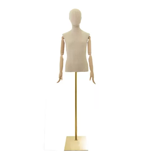 Busto bambino 10-12 anni in lino con testa, braccia legno e base rettangolare oro