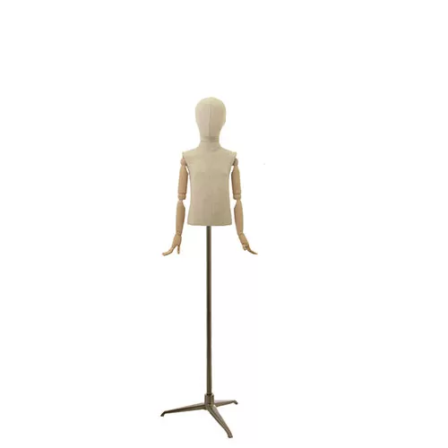 Busto bambino 3-4 anni in lino con testa, braccia legno e base treppiede bronzo