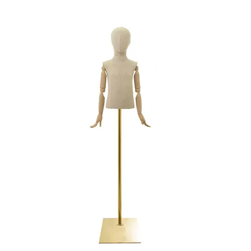Busto bambino 3-4 anni in lino con testa, braccia legno e base rettangolare oro