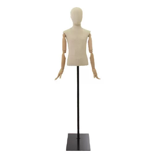 Busto bambino 6-8 anni in lino con testa, braccia legno e base rettangolare nera