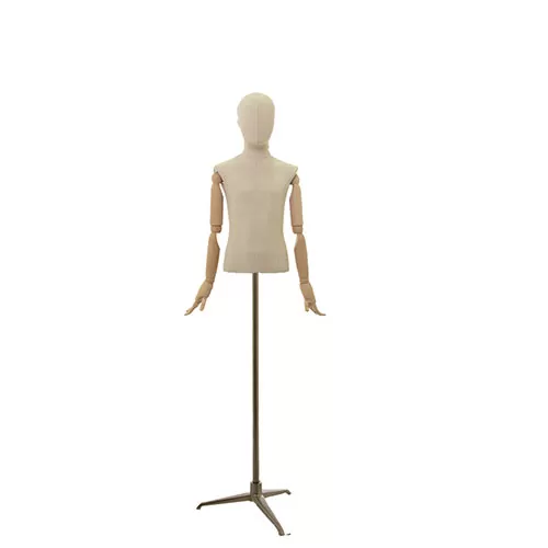 Busto bambino 6-8 anni in lino con testa, braccia legno e base treppiede bronzo