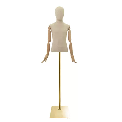 Busto bambino 6-8 anni in lino con testa, braccia legno e base rettangolare oro