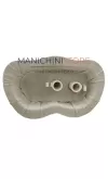 Busto donna in lino con testa stilizzata, braccia legno e base cromata