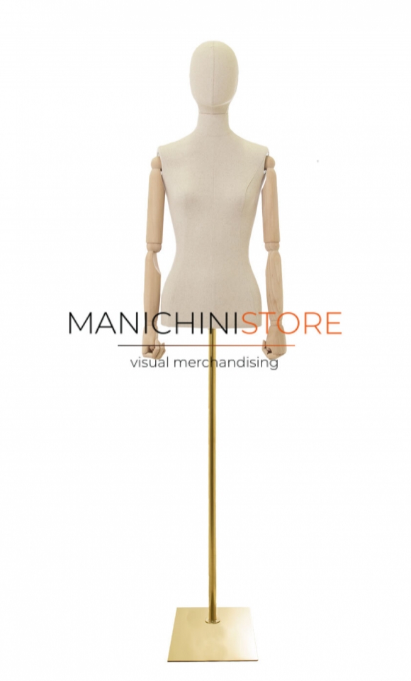 Rental service for 1 female linen bust with wooden arms and golden base