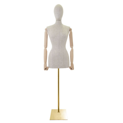 Busto donna in lino con braccia legno e base rettangolare oro