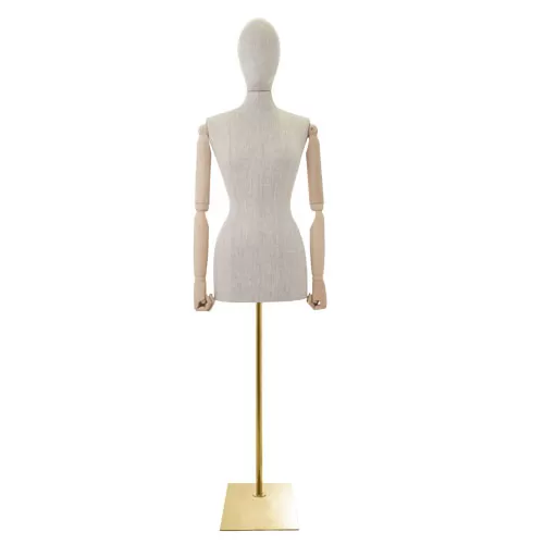 Busto donna in lino con braccia legno e base rettangolare oro