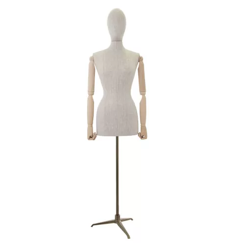 Busto donna in lino con braccia legno e base treppiede bronzo