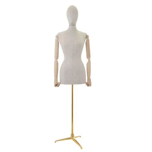 Busto donna in lino con braccia legno e base treppiede oro