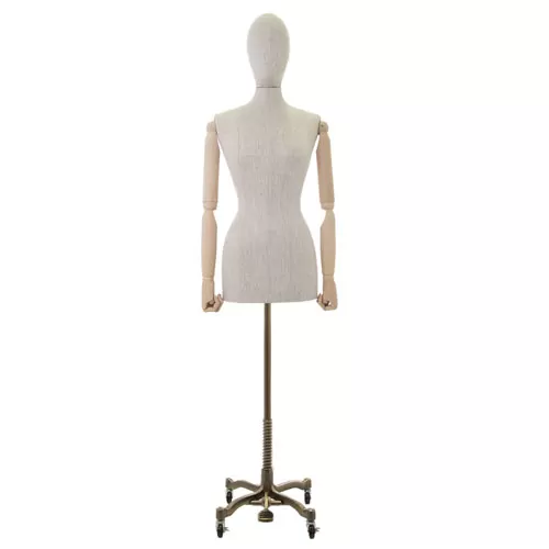 Busto donna in lino con braccia legno e base worker bronzo