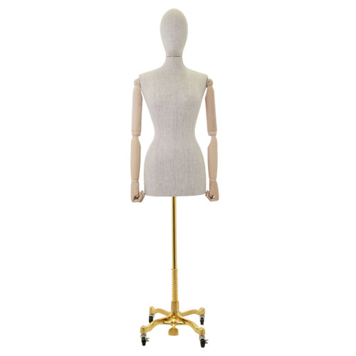 Busto donna in lino con braccia legno e base worker oro