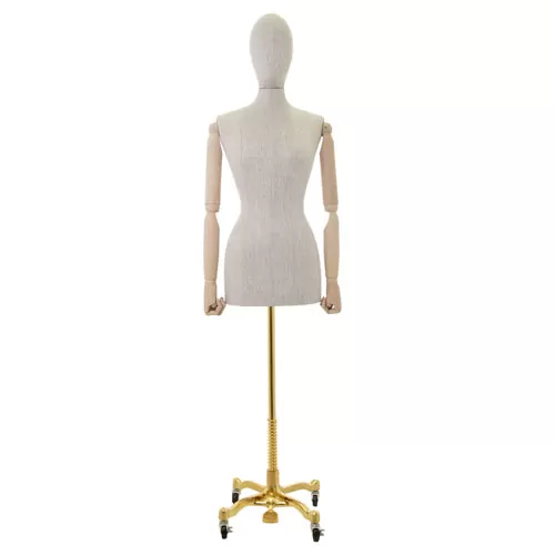 Busto donna in lino con braccia legno e base worker oro