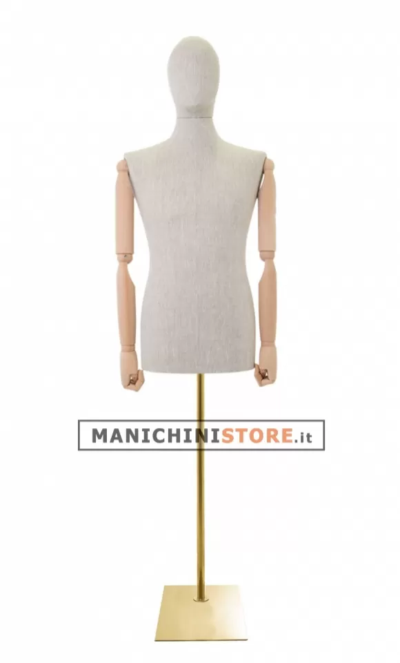 Busto uomo in lino con braccia legno e base rettangolare oro