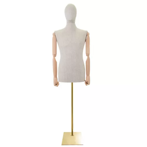 Busto uomo in lino con braccia legno e base rettangolare oro