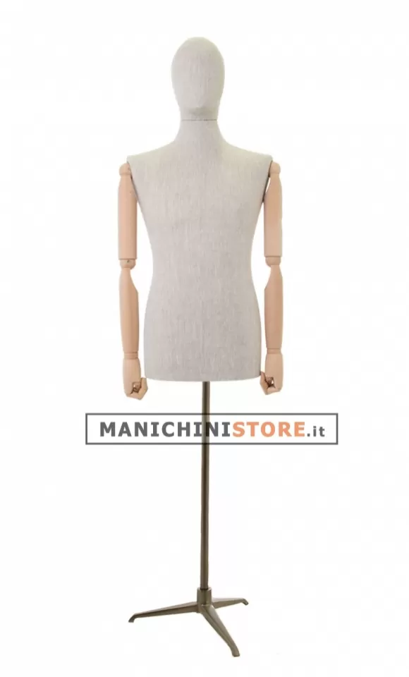 Busto uomo in lino con braccia legno e base treppiede bronzo