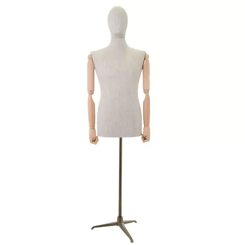 Busto uomo in lino con braccia legno e base treppiede bronzo