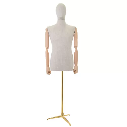 Busto uomo in lino con braccia legno e base treppiede oro