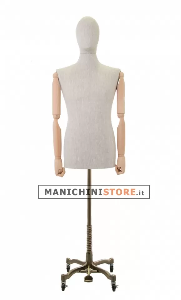 Busto uomo in lino con braccia legno e base worker bronzo