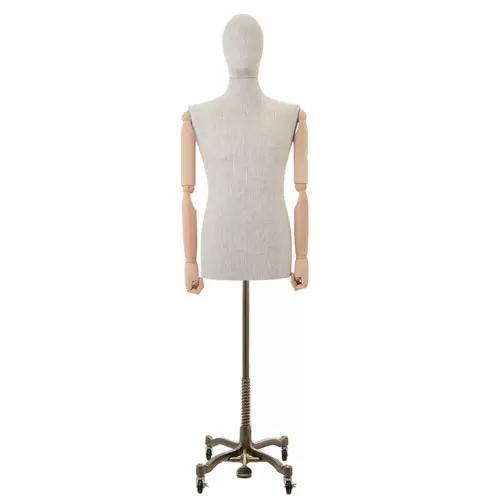Busto uomo in lino con braccia legno e base worker bronzo