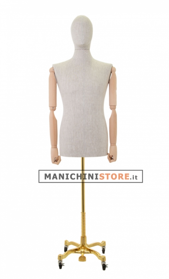 Linen male bust with wooden arms and worker golden base