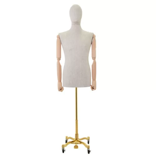 Busto uomo in lino con braccia legno e base worker oro