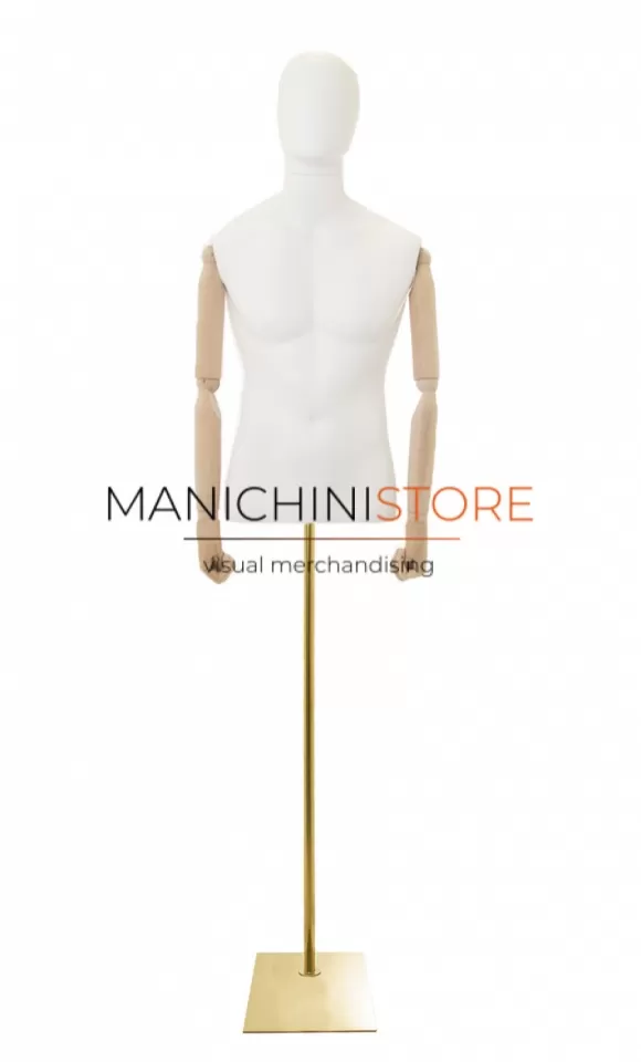 Busto uomo con braccia legno e base rettangolare oro