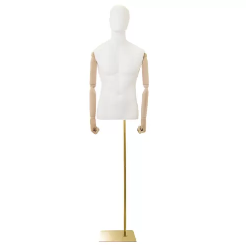 Busto uomo con braccia legno e base rettangolare oro