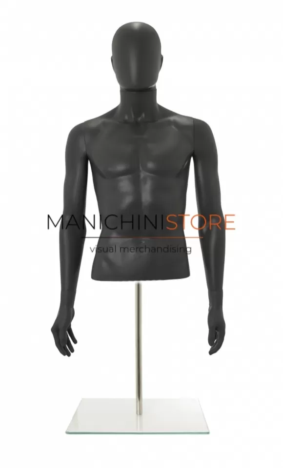 Busto uomo grigio antracite con testa, braccia e base da banco