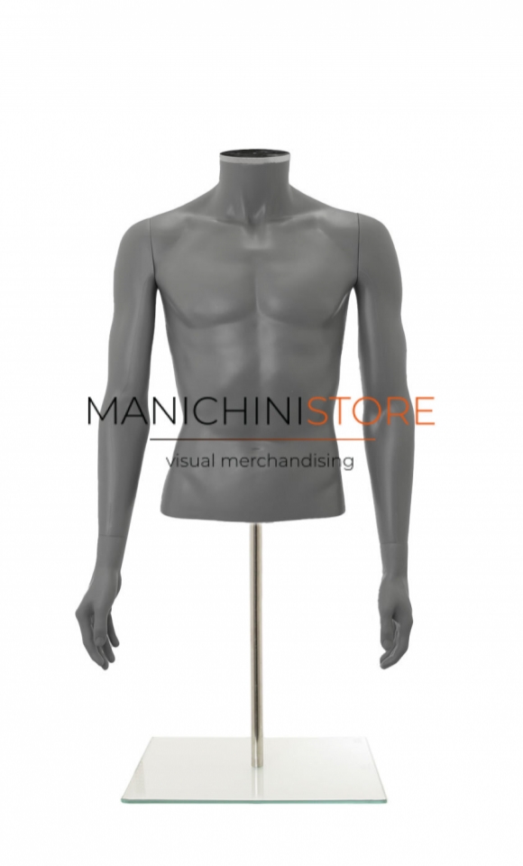 Busto uomo grigio con braccia e base da banco