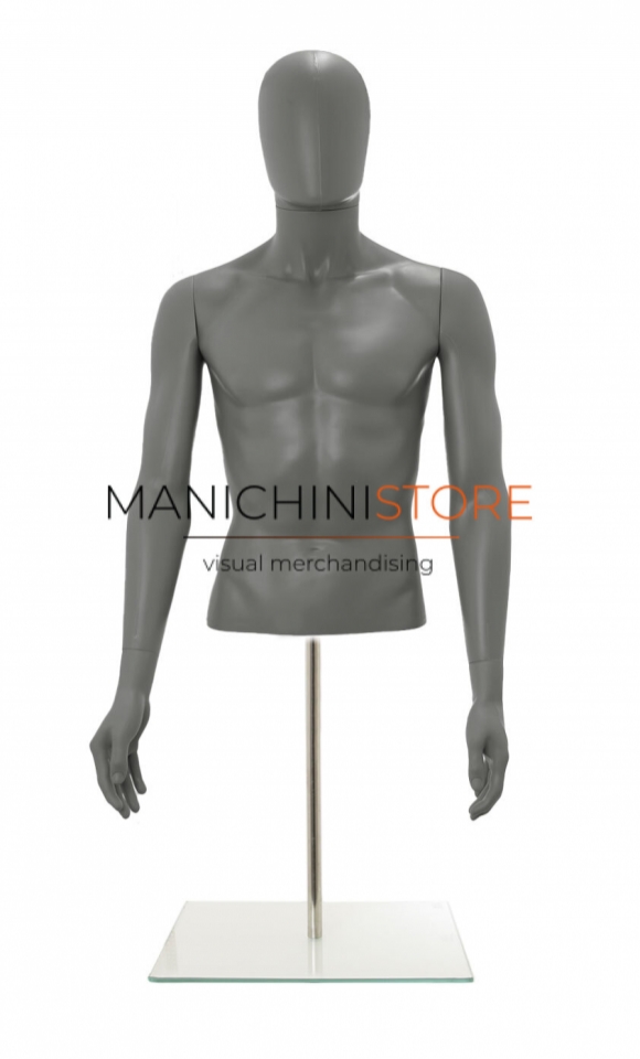 Busto uomo grigio con testa, braccia e base da banco