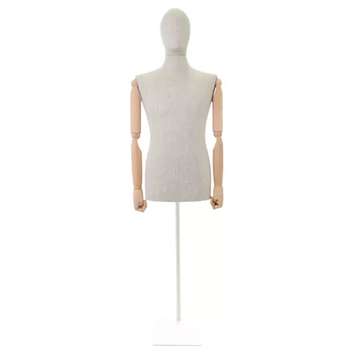 Busto uomo in lino con braccia legno e base rettangolare bianca
