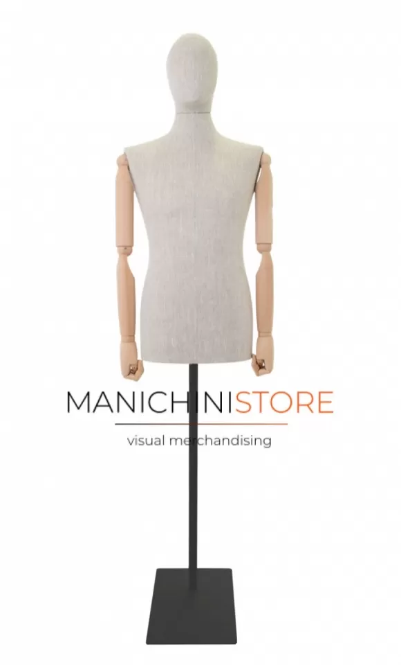 Busto uomo in lino con braccia legno e base rettangolare nera