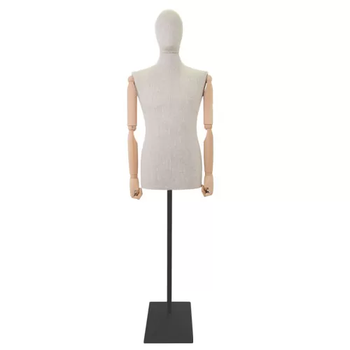 Busto uomo in lino con braccia legno e base rettangolare nera