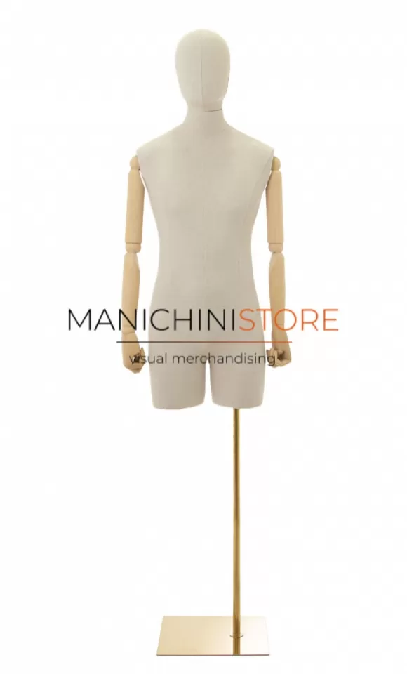 Busto uomo in lino con mezza gamba, braccia legno e base oro