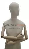 Busto uomo in lino con testa stilizzata, mezza gamba, braccia legno e base cromata
