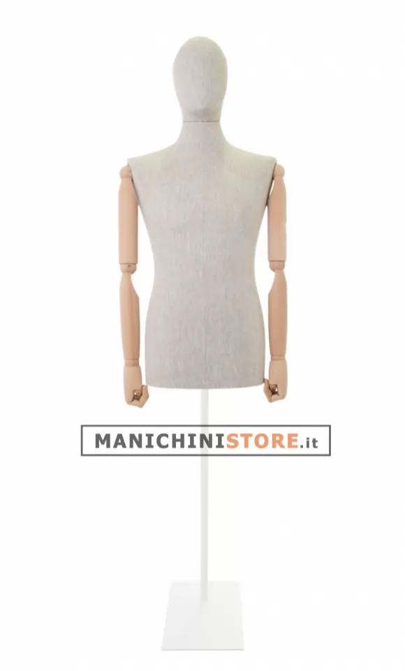 Busto uomo in lino con braccia legno e base rettangolare bianca