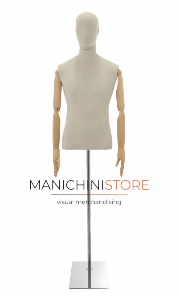 Linen male bust with stylized head, wooden arms and chrome base