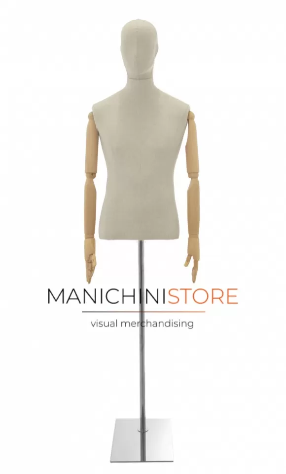 Busto uomo in lino con testa stilizzata, braccia legno e base cromata