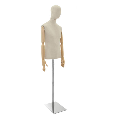 Busto uomo in lino con testa stilizzata, braccia legno e base cromata